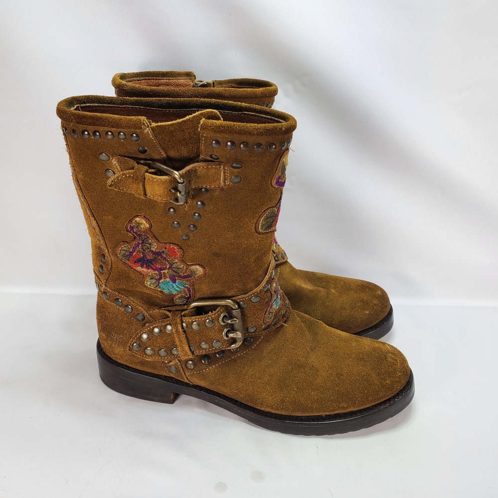 Anthropologie Frye Natalie Studded Embroidered Engineer Boots 7.5 Suede Mid Calf - Picture 3 of 11